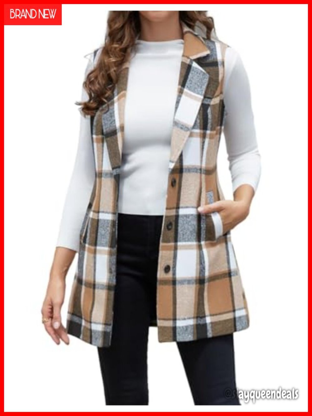 Women's Plaid Long Vest Sleeveless Blazer Jacket Notch Lapel Pockets